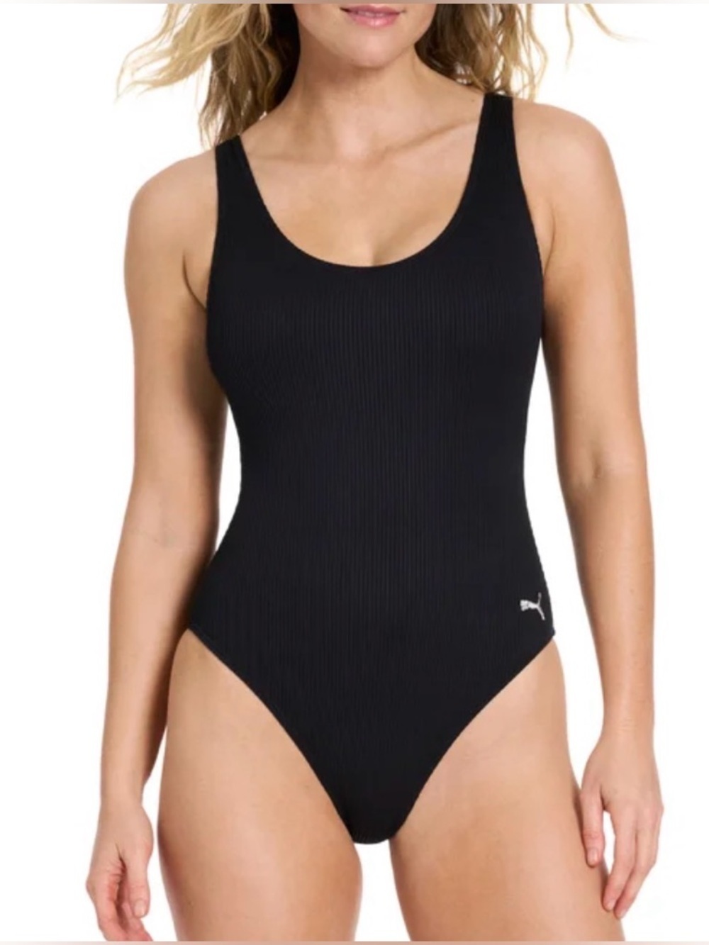 PUMA Black Ribbed Scoop-Neck One-Piece Swimsuit